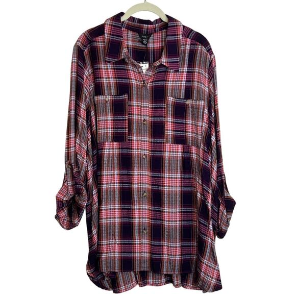 Intro Womens Tunic Top Size 2X Purple Pink Plaid Button Up Roll Tab Long Sleeve - Picture 1 of 7